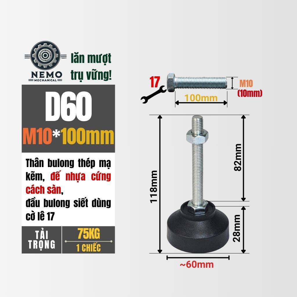 Chân Tăng Chỉnh Đế Nhựa Cứng – Giải Pháp Cân Bằng & Chống Rung (M10, M12, M16)
